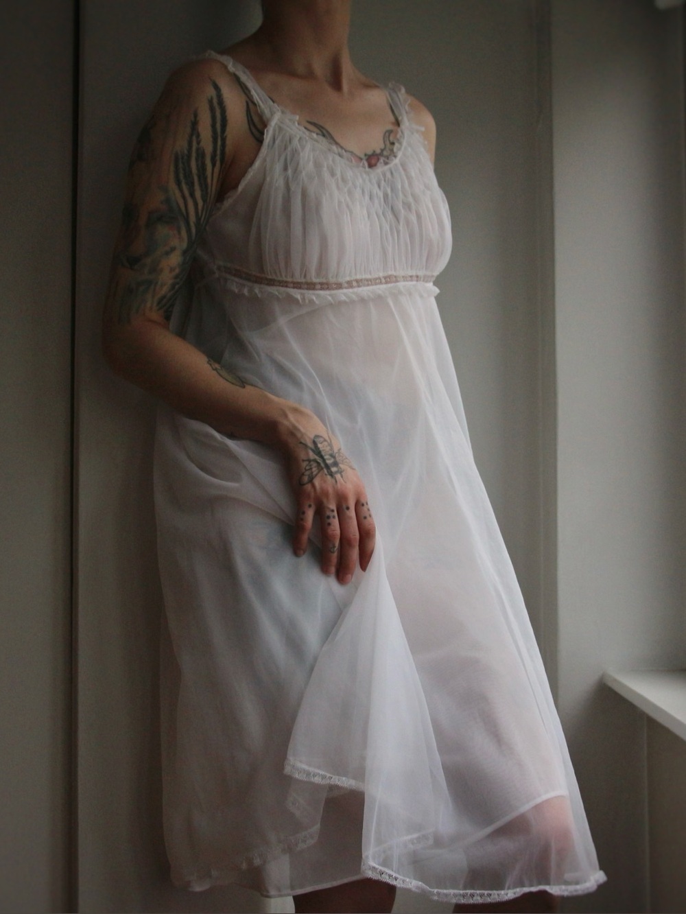 1960's Gotham Gold Stripe Chiffon & Lace Peignoir Set